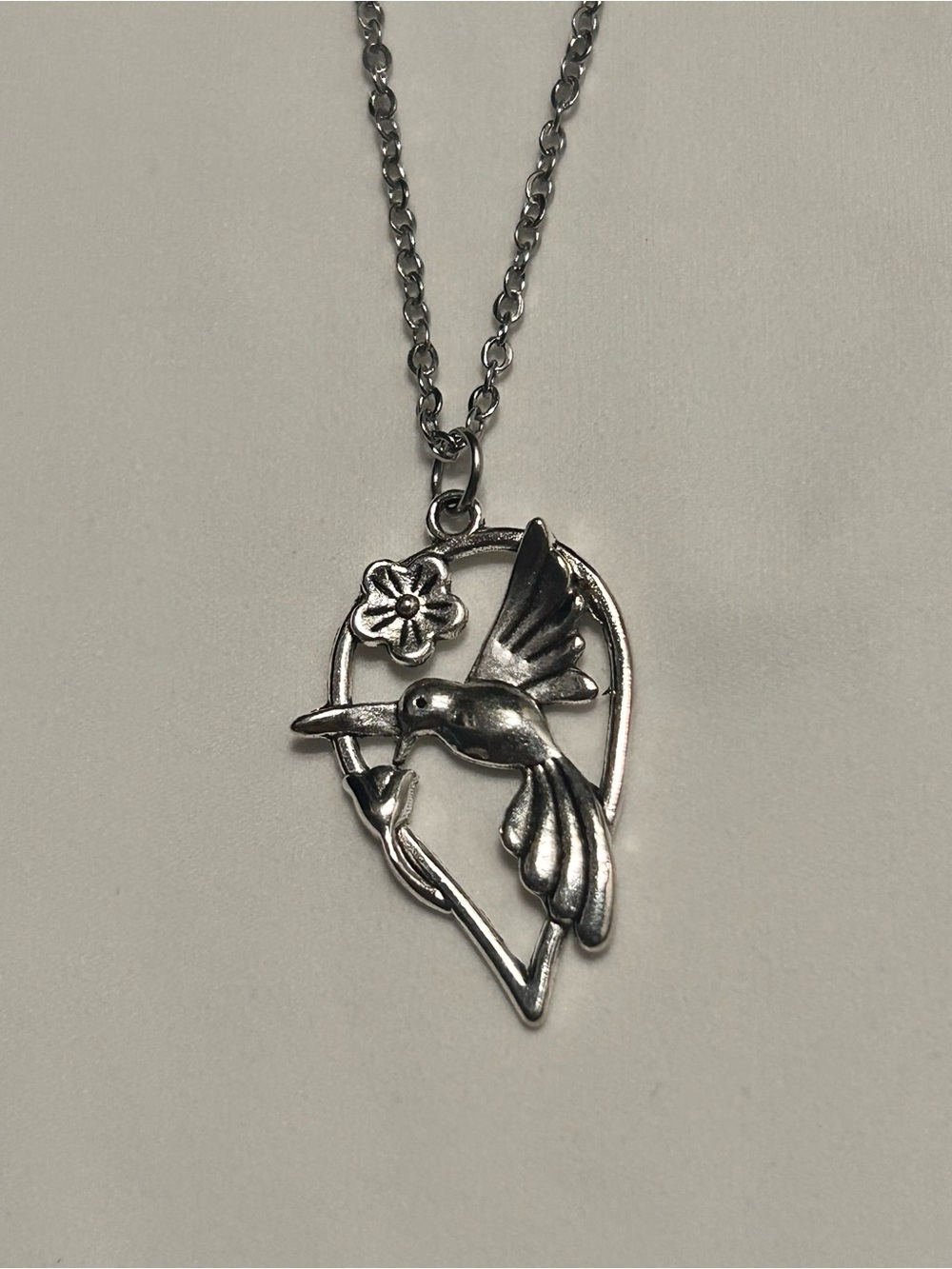 Hummingbird Floral Pendant Necklace - Silver Tone